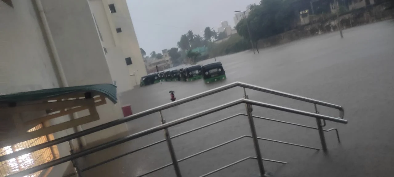 A row of Leggo autos half underwater in a flooded lot
