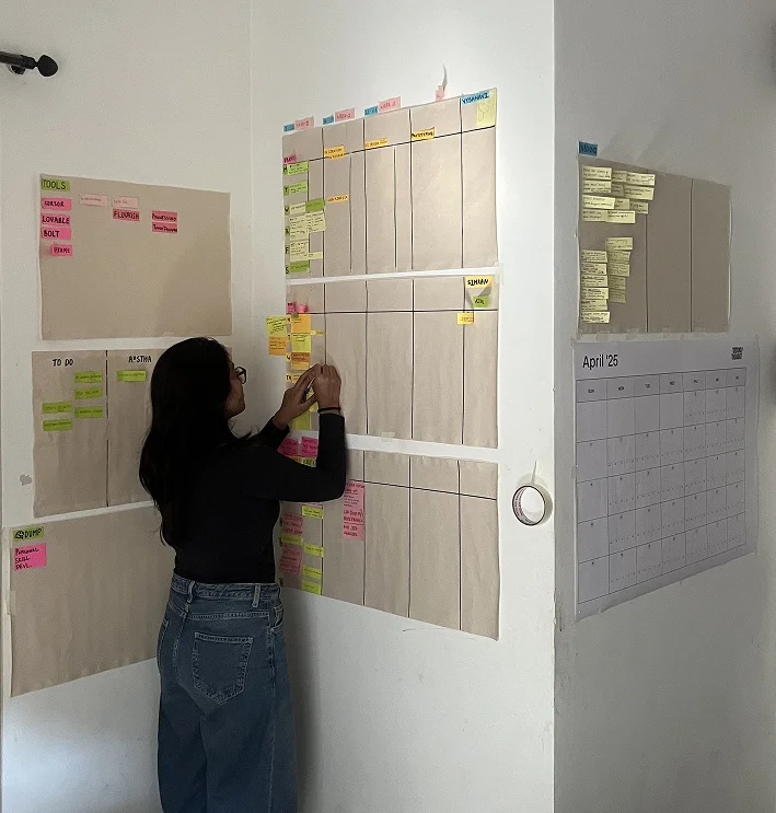 Planning a project on a wall of sticky notes