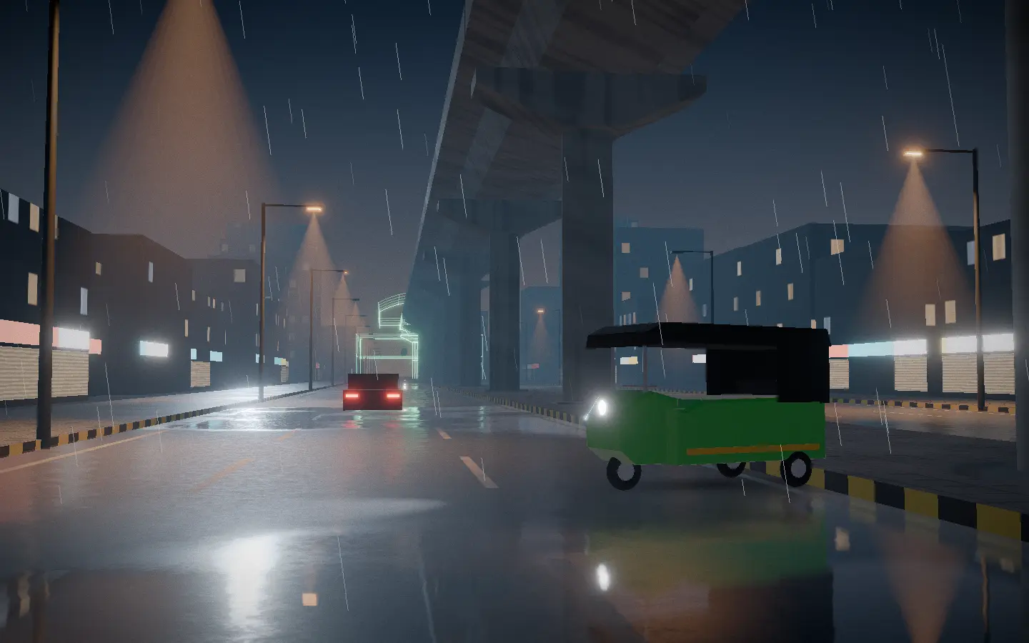 An elevated metro line at dusk after rain, a green electric auto parked under it, the track running into fog