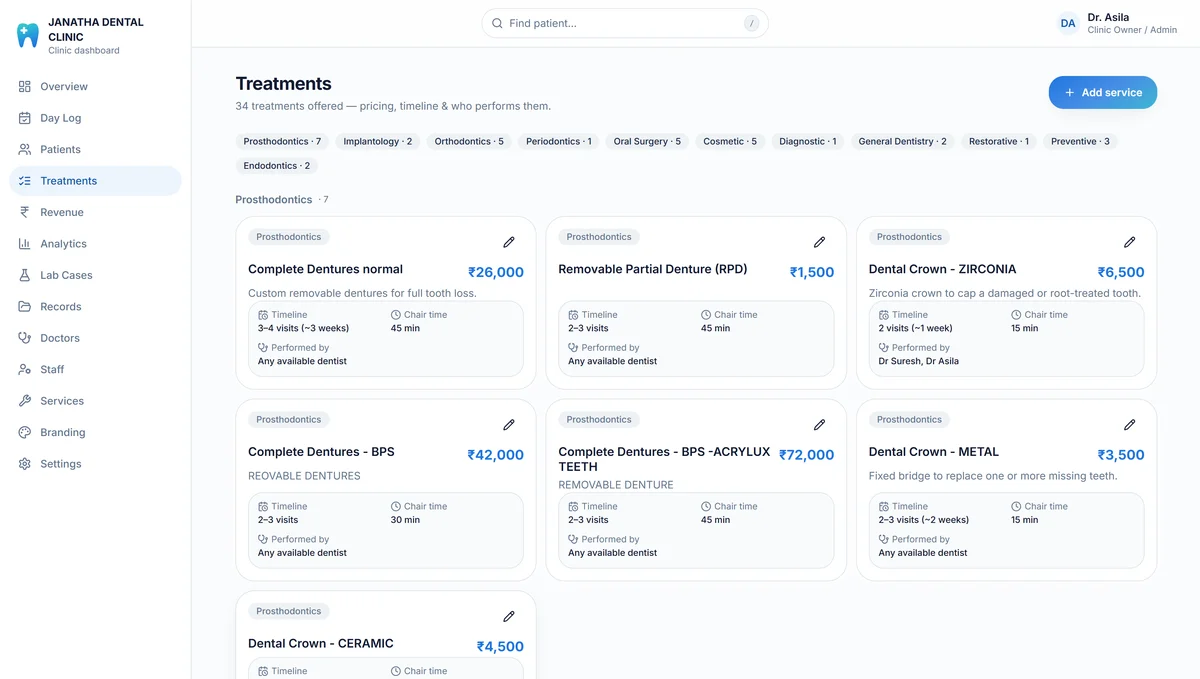 The treatments screen of the dental clinic OS