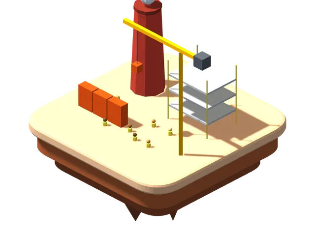 A miniature island illustrating: A brick kiln and a building site
